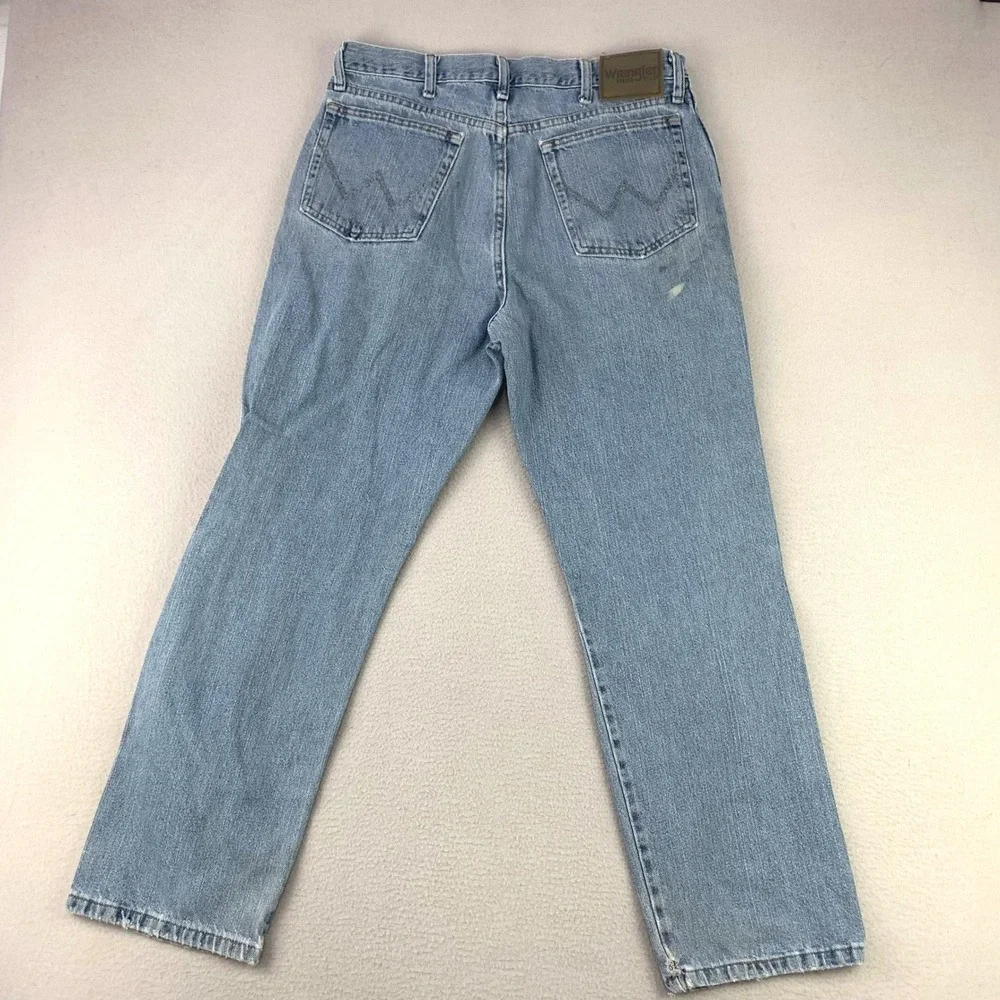 Thrashed Wrangler Jeans Mens 35x30 Blue Straight Leg‎ Distressed Denim Workwear